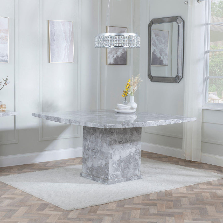 Turin Grey Marble Square Dining Set - Knocker Back Grey Velvet Fabric Dining Chair with Black Wooden Legs-5