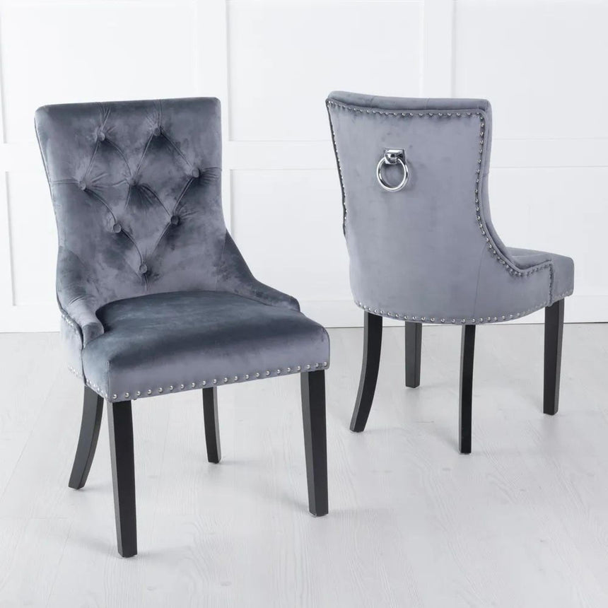 Turin Grey Marble Square Dining Set - Knocker Back Grey Velvet Fabric Dining Chair with Black Wooden Legs-9