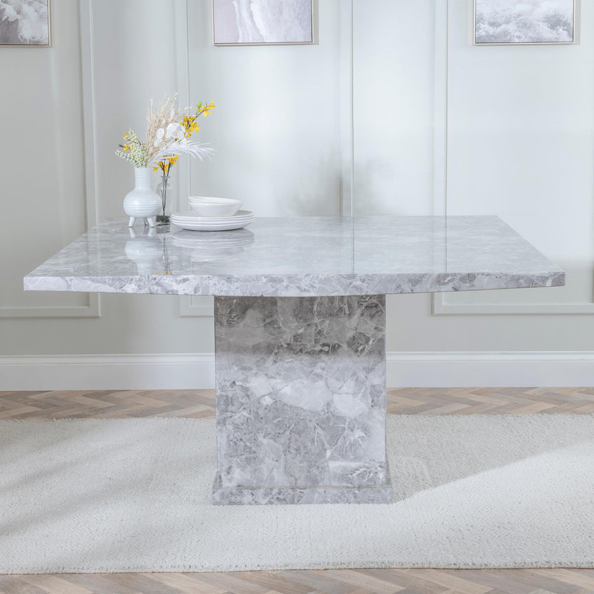 Turin Grey Marble Square Dining Set - Lion Knocker Back Blue Velvet Fabric Dining Chair with Chrome Legs-3