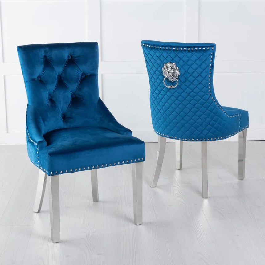 Turin Grey Marble Square Dining Set - Lion Knocker Back Blue Velvet Fabric Dining Chair with Chrome Legs-8