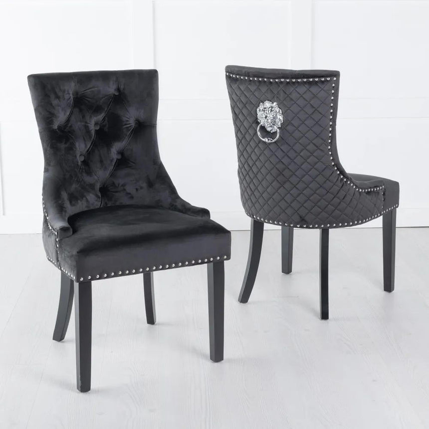 Naples Black Marble Dining Set - Lion Knocker Back Black Velvet Fabric Dining Chair with Black Wooden Legs-6