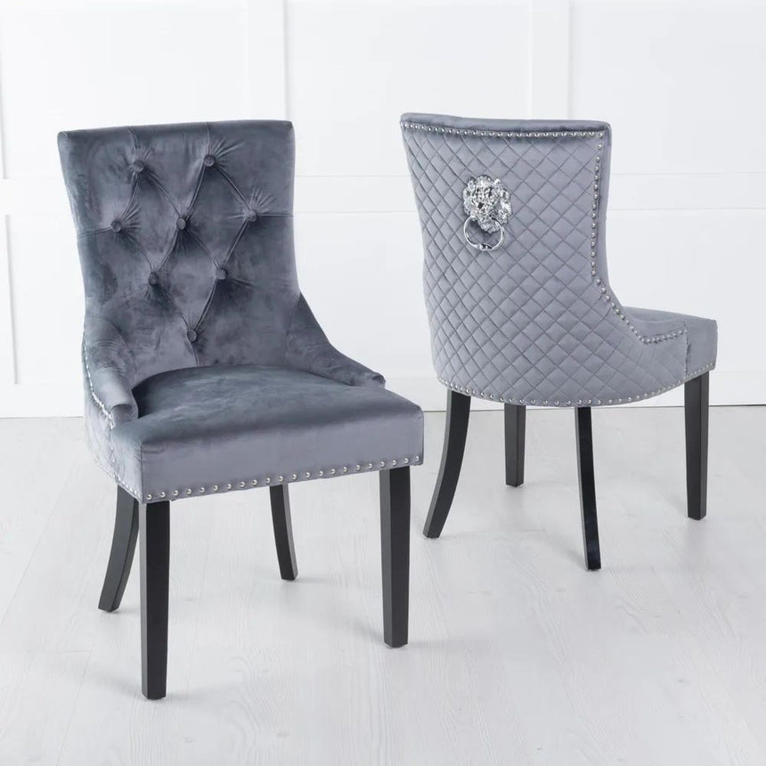 Naples Black Marble Dining Set - Lion Knocker Back Grey Velvet Fabric Dining Chair with Black Wooden Legs-7