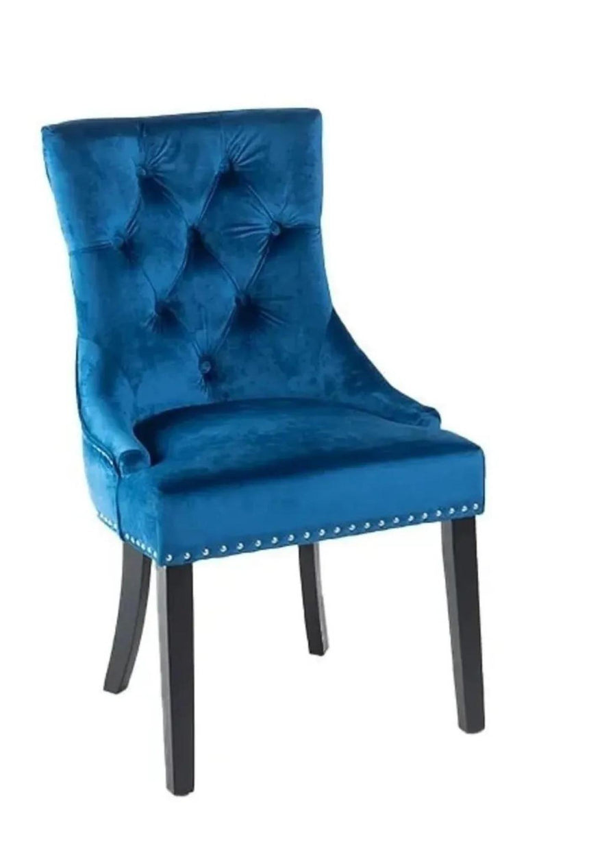 Naples White Marble Dining Set - Knocker Back Blue Velvet Fabric Dining Chair with Black Wooden Legs-9