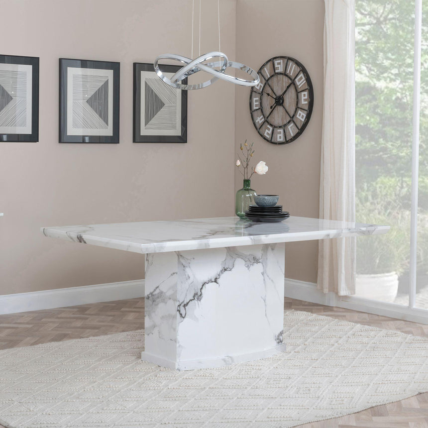 Naples White Marble Dining Set - Knocker Back Champagne Velvet Fabric Dining Chair with Black Wooden Legs-5