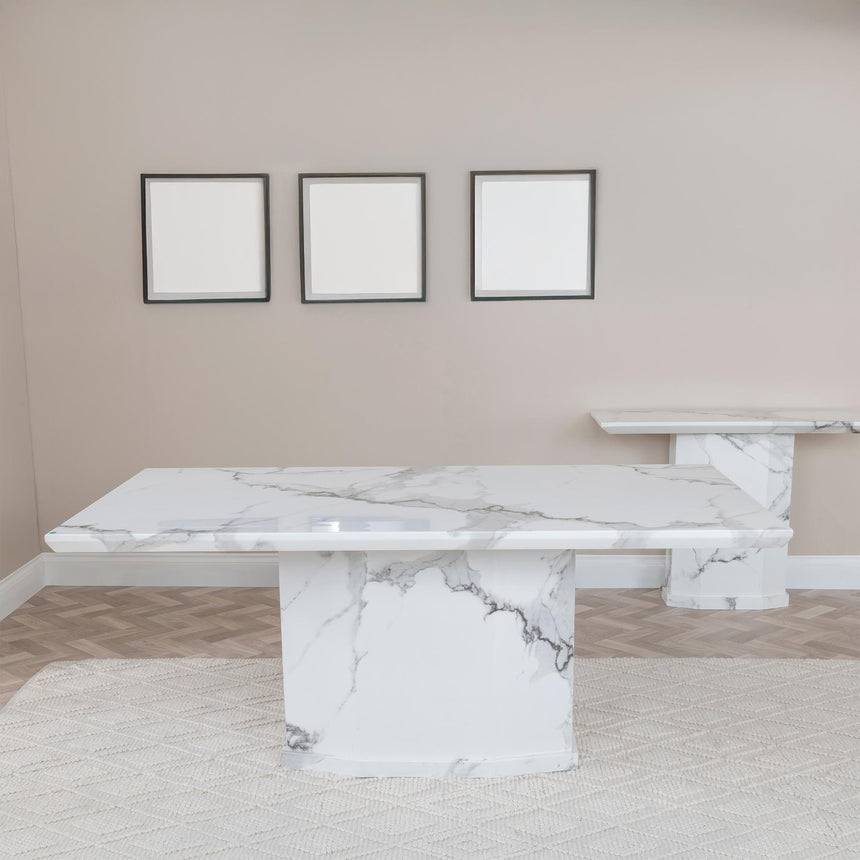 Naples White Marble Dining Set - Knocker Back Champagne Velvet Fabric Dining Chair with Black Wooden Legs-6