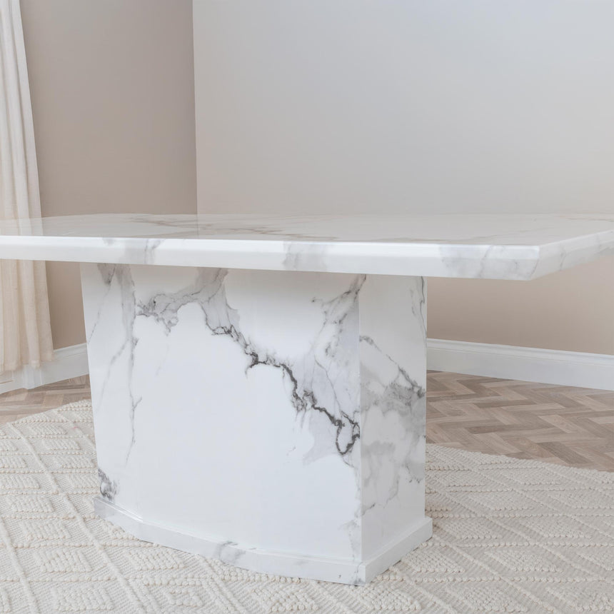 Naples White Marble Dining Set - Knocker Back Champagne Velvet Fabric Dining Chair with Black Wooden Legs-8