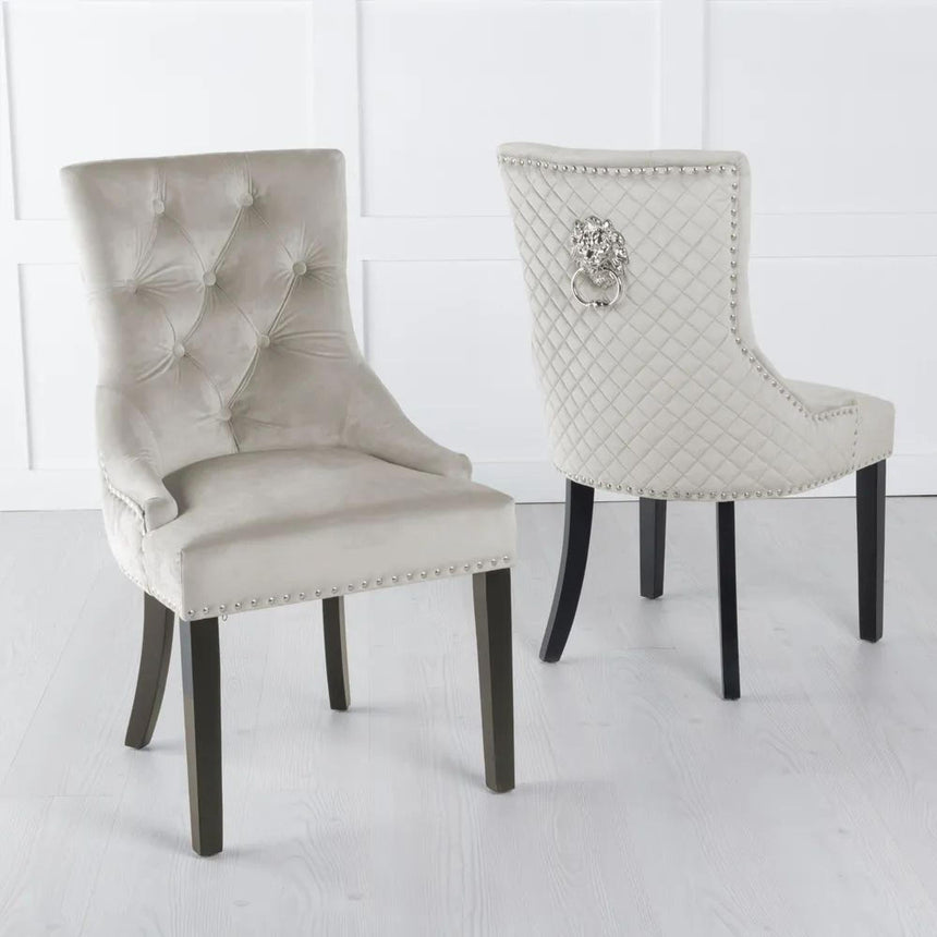 Naples White Marble Dining Set - Lion Knocker Back Champagne Velvet Fabric Dining Chair with Black Wooden Legs-6