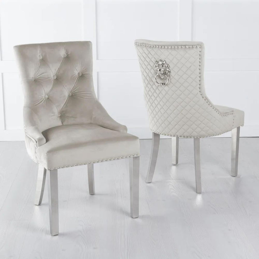 Venice Cream Marble Dining Set - Lion Knocker Back Champagne Velvet Fabric Dining Chair with Chrome Legs-7