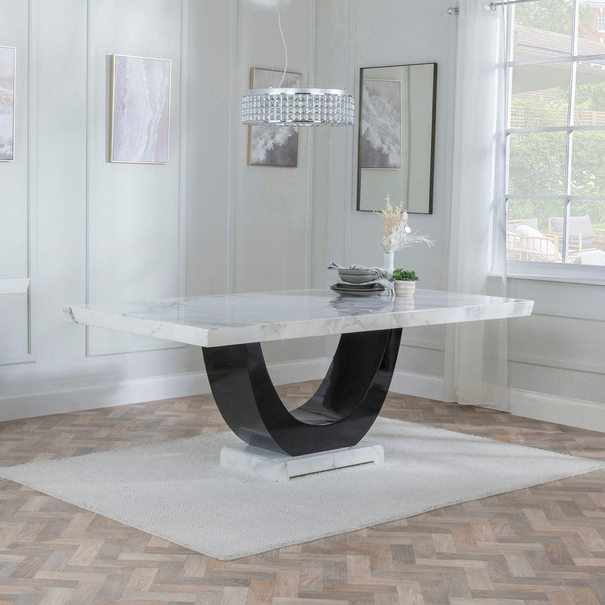 Madrid White Marble Dining Set - Knocker Back Blue Velvet Fabric Dining Chair with Chrome Legs-3