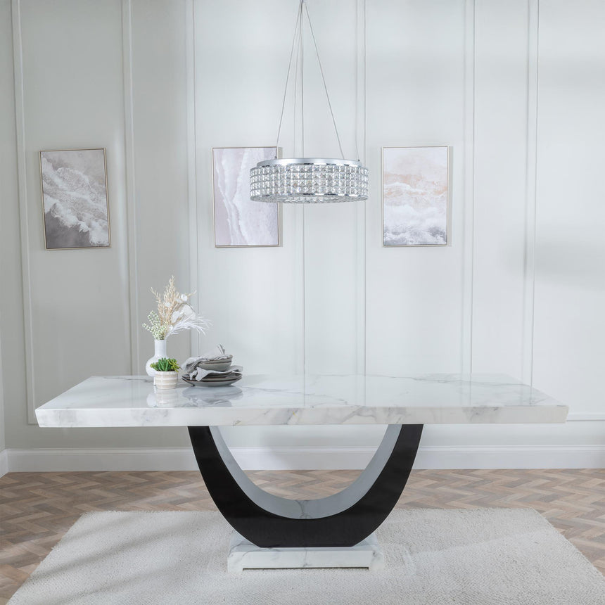Madrid White Marble Dining Set - Knocker Back Blue Velvet Fabric Dining Chair with Chrome Legs-4