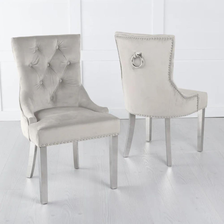 Madrid White Marble Dining Set - Knocker Back Champagne Velvet Fabric Dining Chair with Chrome Legs-6