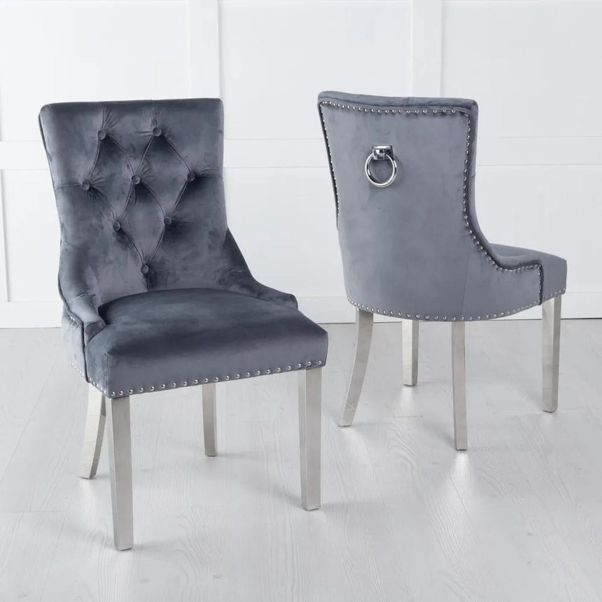 Madrid White Marble Dining Set - Knocker Back Grey Velvet Fabric Dining Chair with Chrome Legs-9