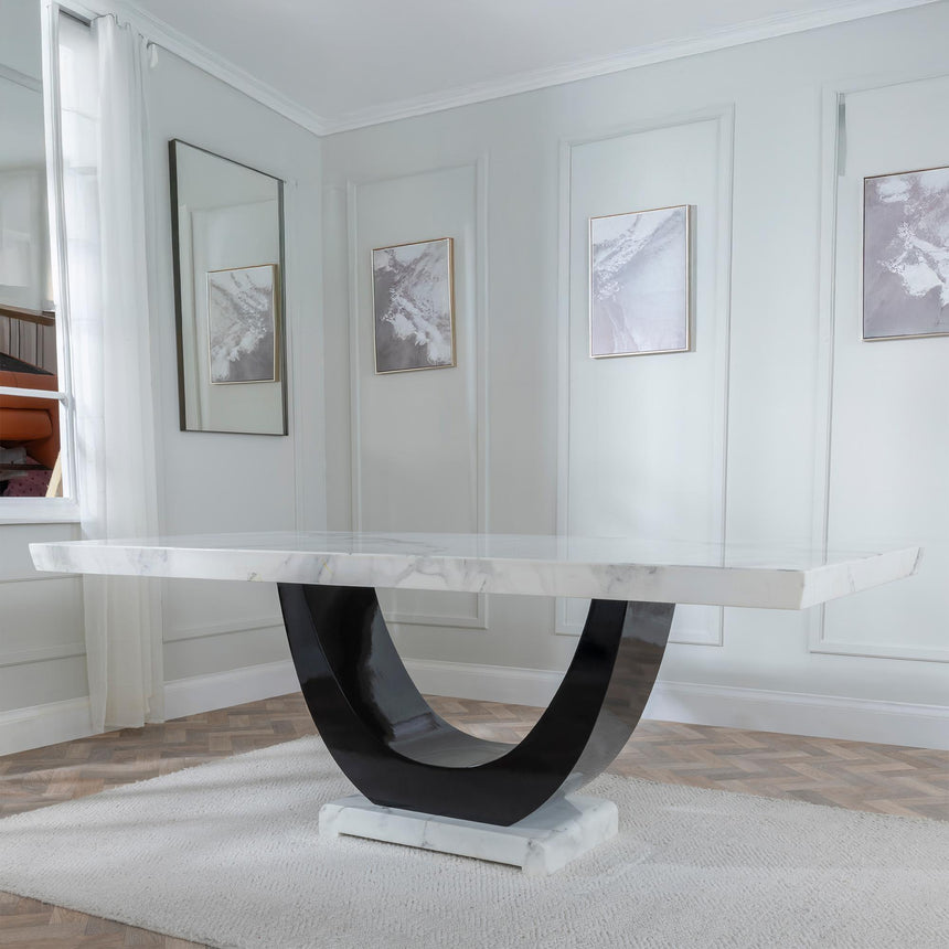 Madrid White Marble Dining Set - Lion Knocker Back Champagne Velvet Fabric Dining Chair with Black Wooden Legs-8