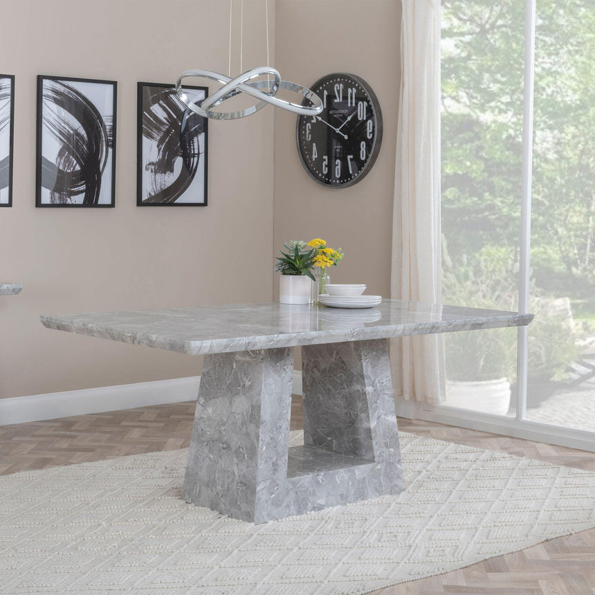 Milan Grey Marble Dining Set - Lion Knocker Back Blue Velvet Fabric Dining Chair with Chrome Legs-4