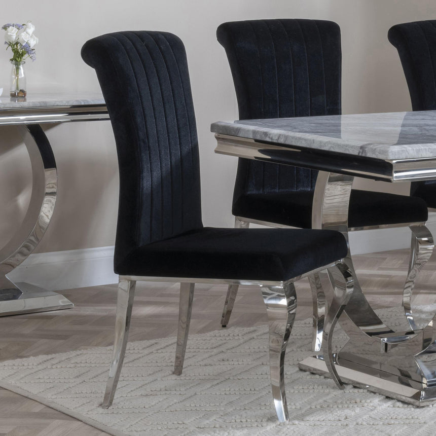 Louis 4 Seater Grey Marble and Chrome Square Dining Set - 4 Black Velvet Fabric Dining Chair-5