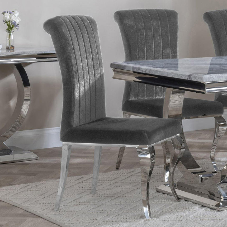 Louis 4 Seater Grey Marble and Chrome Square Dining Set - 4 Grey Velvet Fabric Dining Chair-5