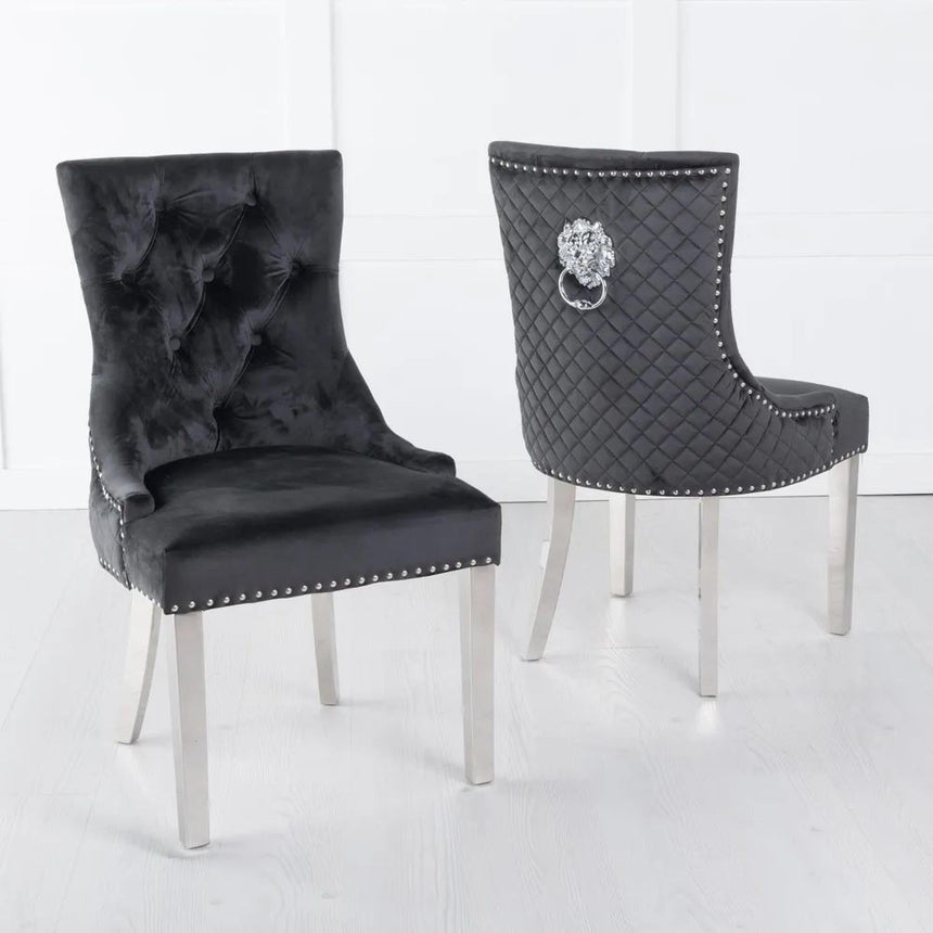 Louis 4 Seater Grey Marble and Chrome Square Dining Set - 4 Lion Knocker Back Black Velvet Fabric Dining Chair with Chrome Legs-7