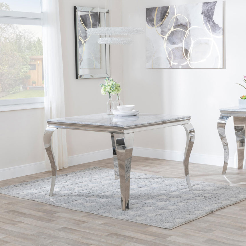 Louis 4 Seater Grey Marble and Chrome Square Dining Set - 4 Lion Knocker Back Blue Velvet Fabric Dining Chair with Chrome Legs-2
