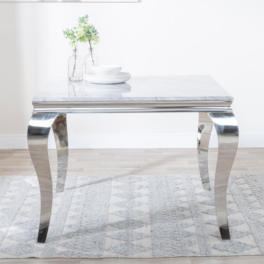 Louis 4 Seater Grey Marble and Chrome Square Dining Set - 4 Lion Knocker Back Grey Velvet Fabric Dining Chair with Chrome Legs-6