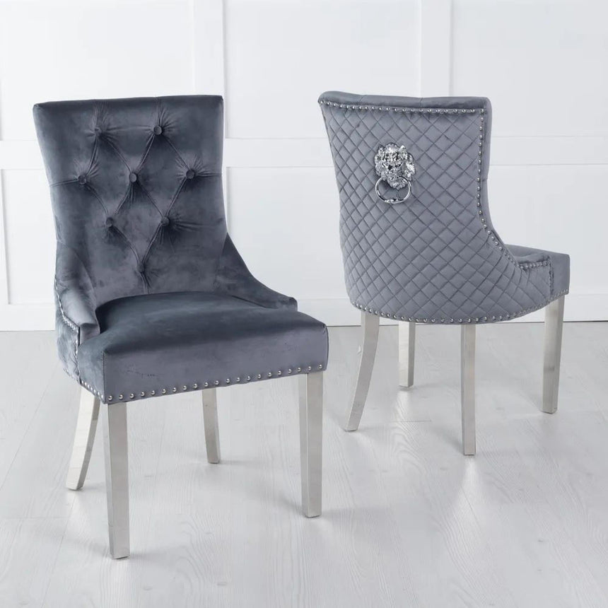 Louis 4 Seater Grey Marble and Chrome Square Dining Set - 4 Lion Knocker Back Grey Velvet Fabric Dining Chair with Chrome Legs-8