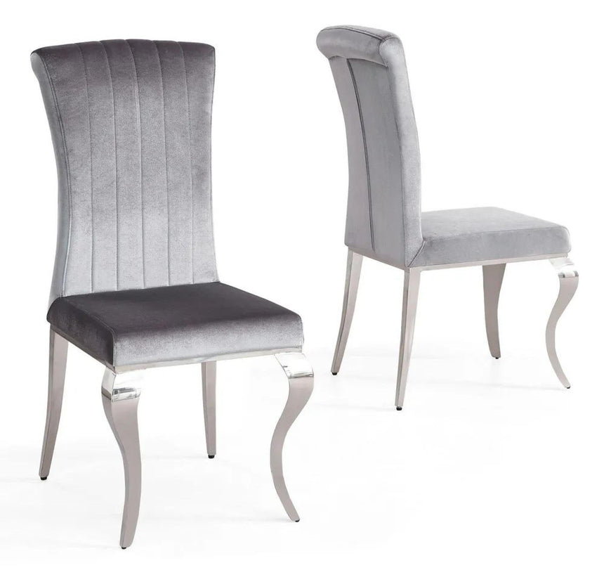 Louis Grey Marble and Chrome Dining Set - Grey Velvet Fabric Dining Chair-7
