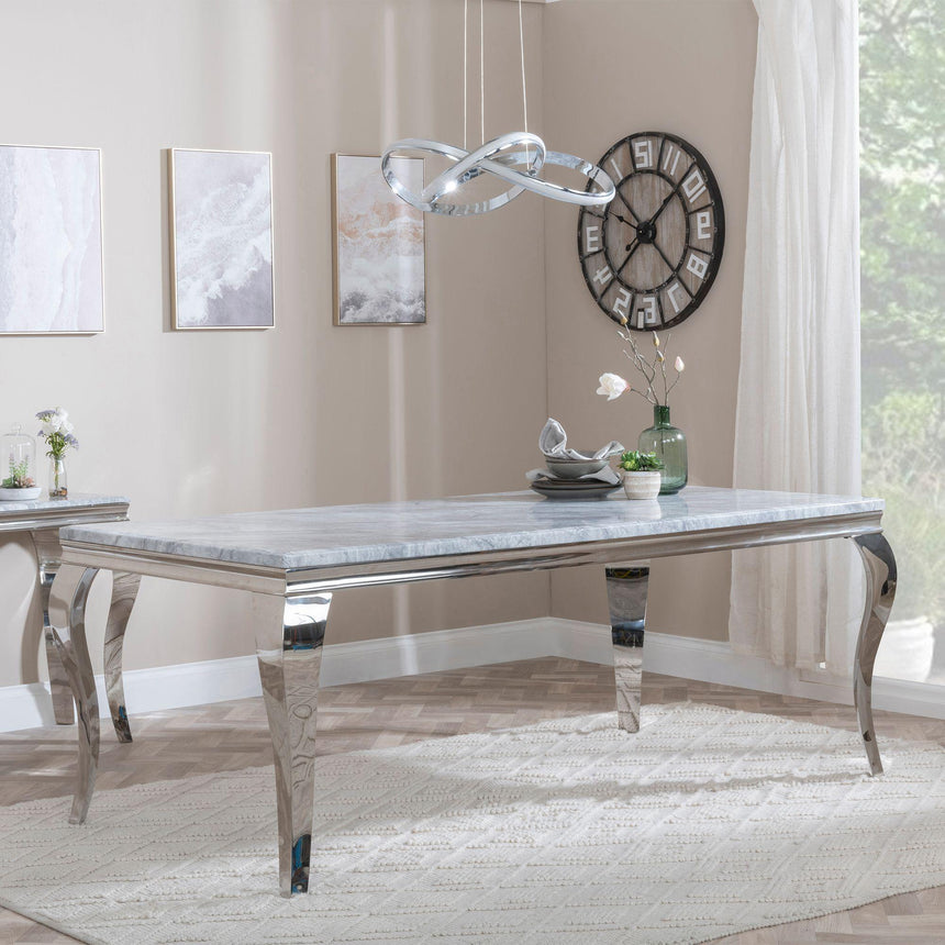 Louis Grey Marble and Chrome Dining Set - Knocker Back Grey Velvet Fabric Dining Chair with Chrome Legs-5