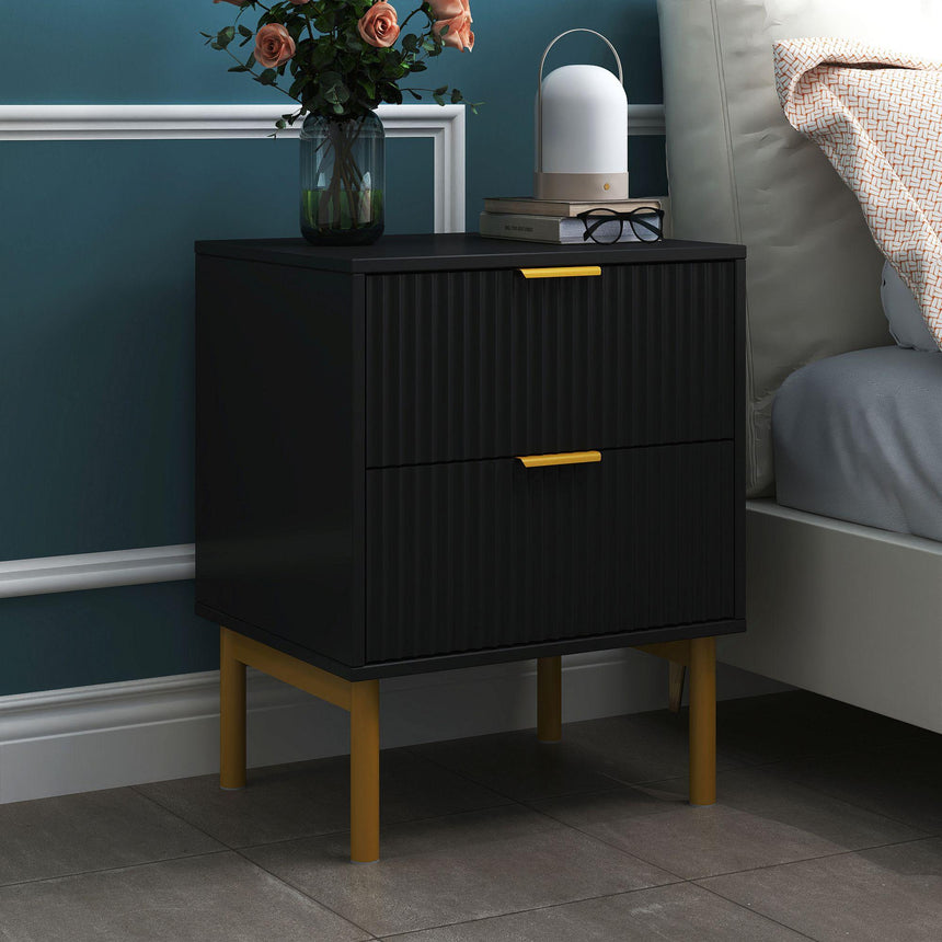 Ridged Black and Gold 2 Drawer Bedside Table-4