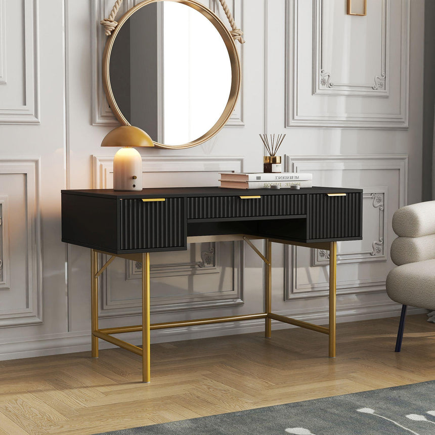 Ridged White and Gold 3 Drawer Dressing Table