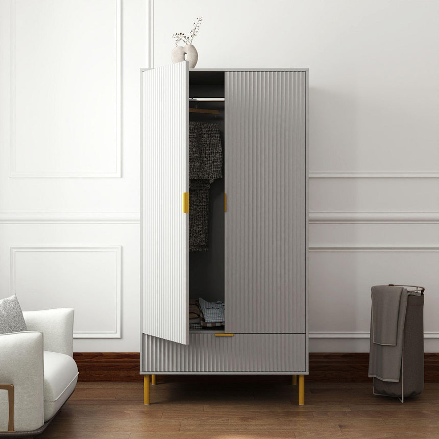 Ridged Grey and Gold 2 Door 1 Drawer Wardrobe-3