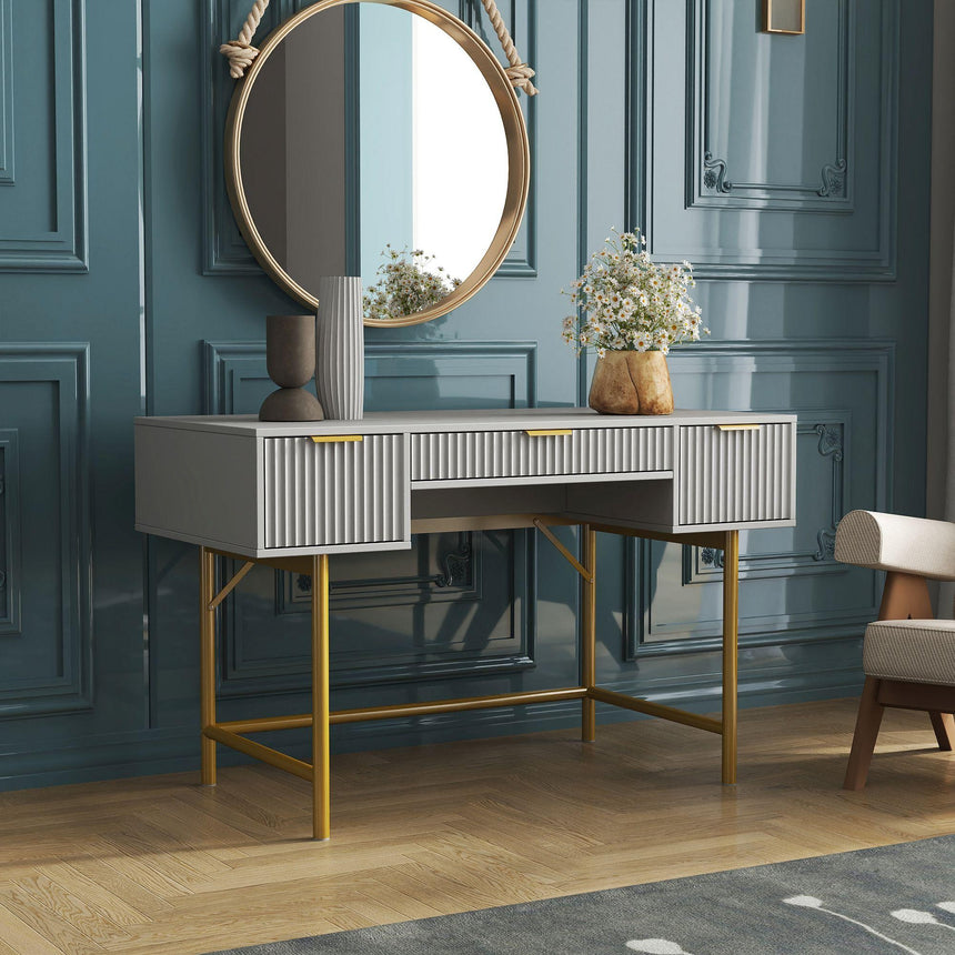 Ridged White and Gold 3 Drawer Dressing Table