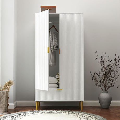 Ridged White and Gold 2 Door 1 Drawer Wardrobe-2
