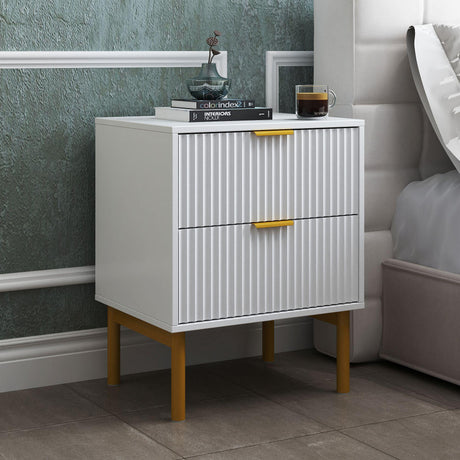 Ridged White and Gold 2 Drawer Bedside Table-2
