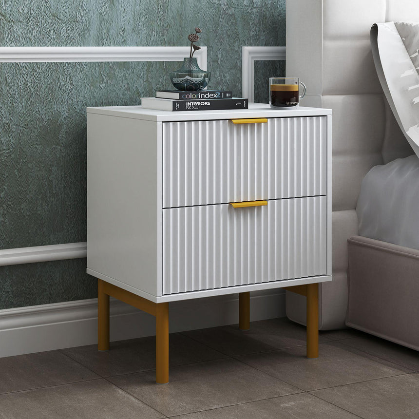 Ridged White and Gold 2 Drawer Bedside Table-2