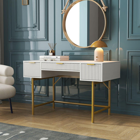 Ridged White and Gold 3 Drawer Dressing Table-2