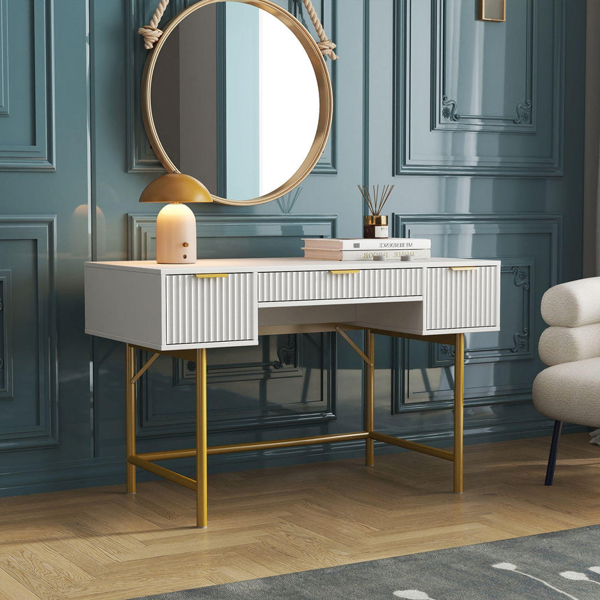 Ridged White and Gold 3 Drawer Dressing Table