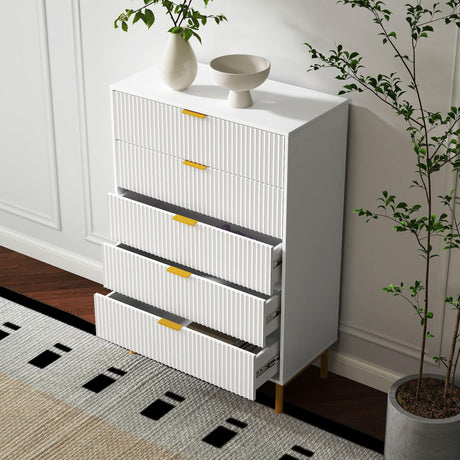 Ridged White and Gold 5 Drawer Chest-2