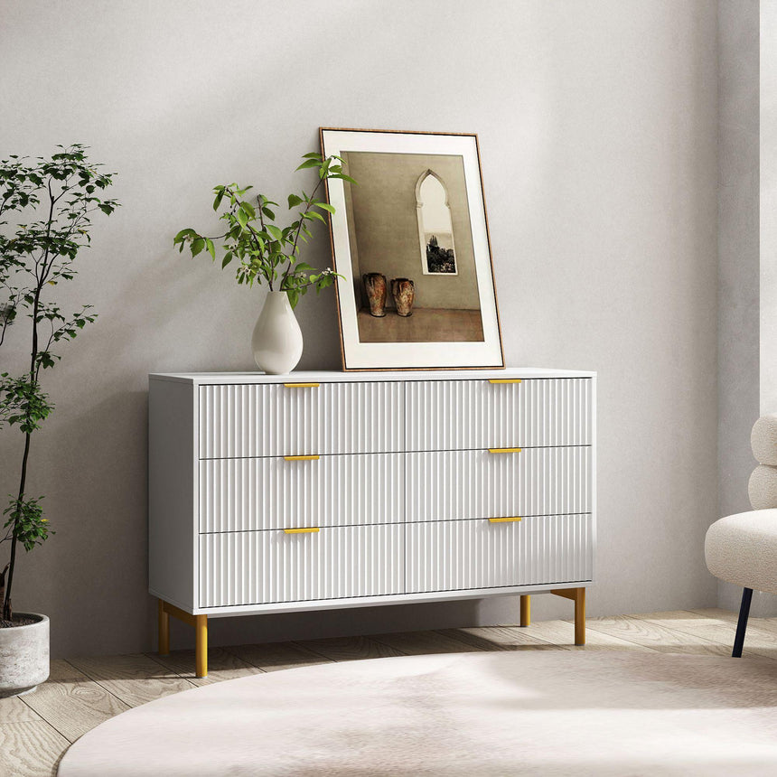 Ridged White and Gold 6 Drawer Wide Chest-2