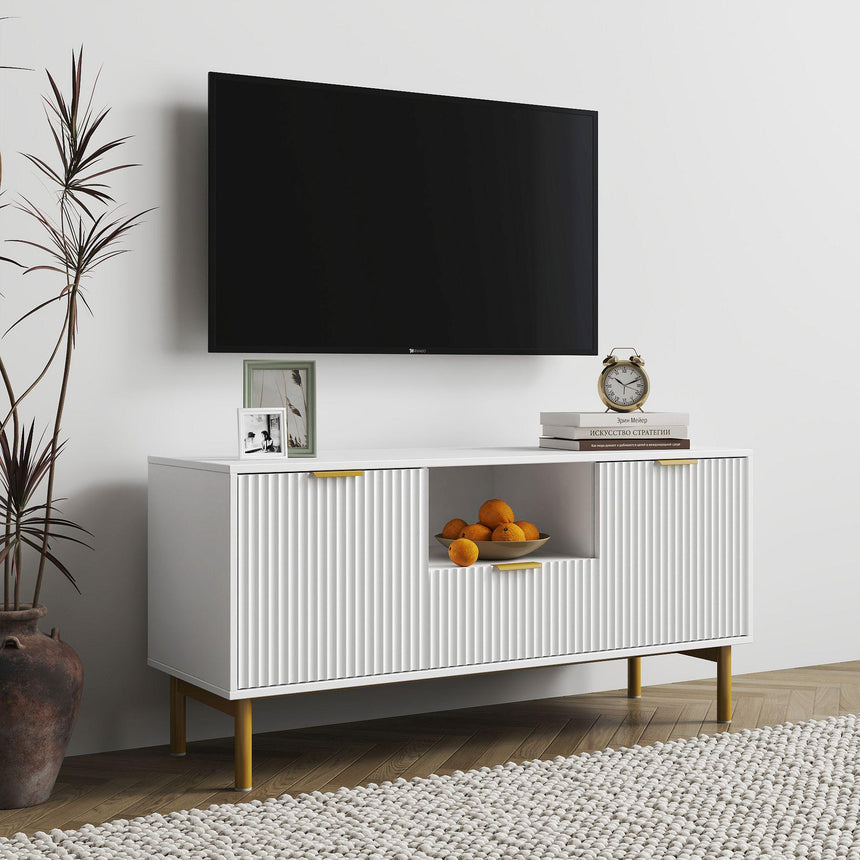 Ridged White and Gold Storage TV Unit-3