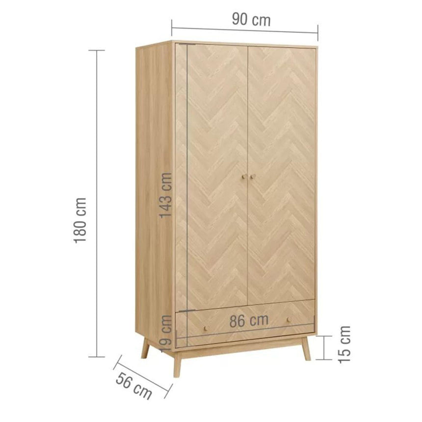 Herringford Oak 2 Door 1 Drawer Wardrobe-6