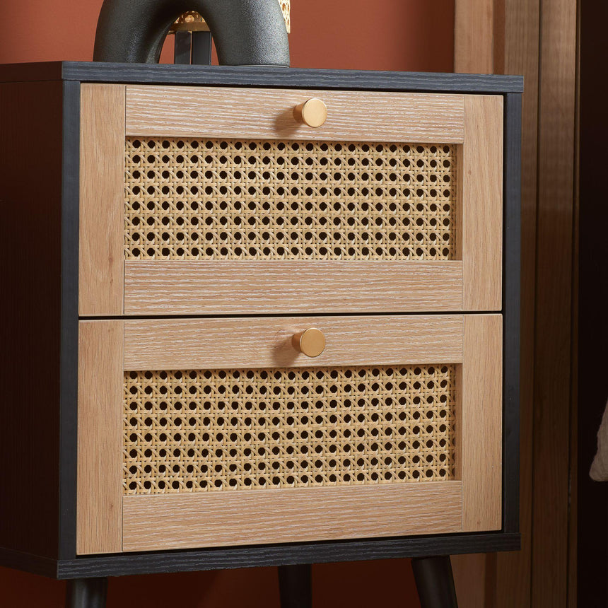 Croxley Black and Rattan 2 Drawer Bedside Table-2