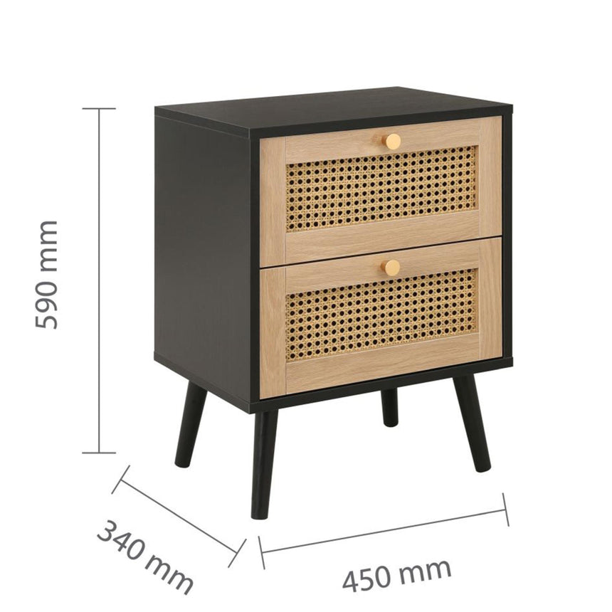 Croxley Black and Rattan 2 Drawer Bedside Table-6