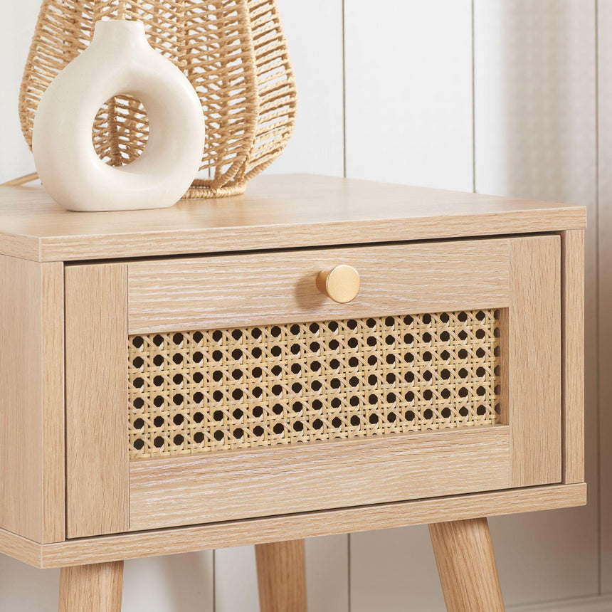 Croxley Oak and Rattan 1 Drawer Bedside Table-2