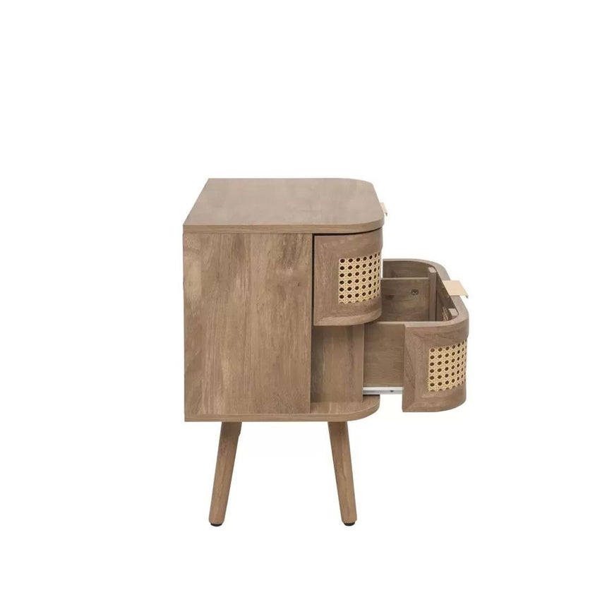 Noah Oak and Rattan Curved 2 Drawer Bedside Table-6
