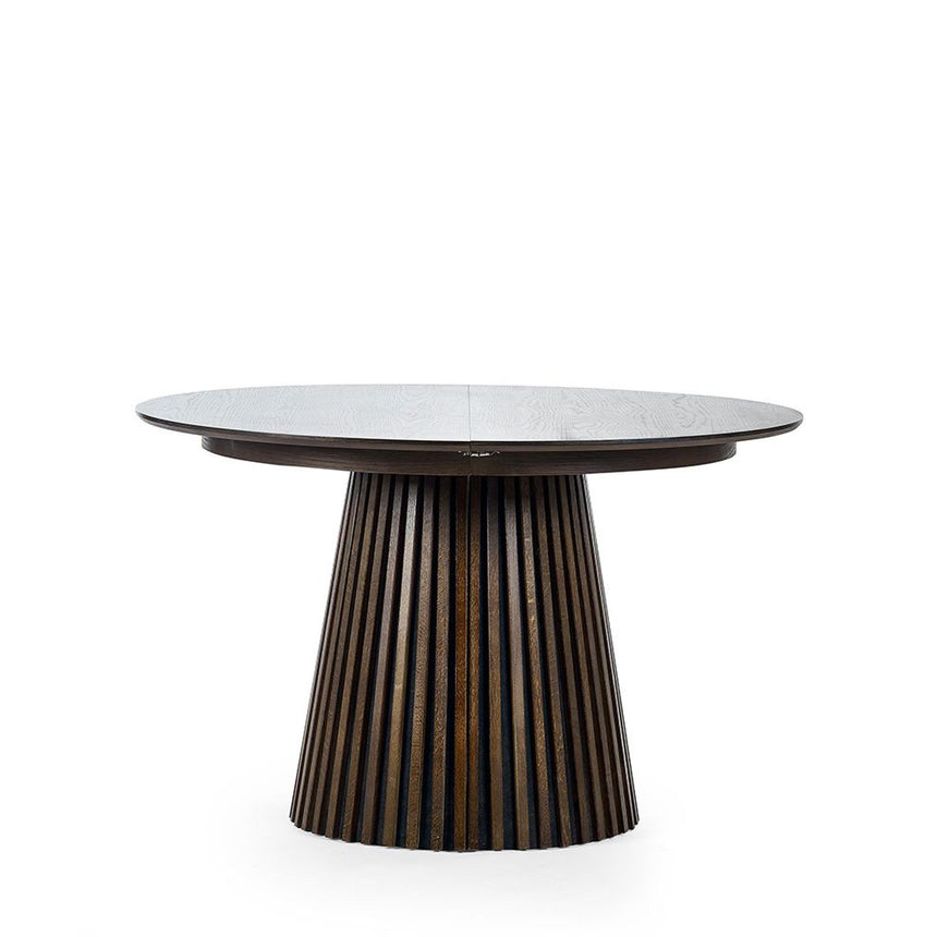 Tambour Dark Oak Slatted 6 Seater Round Pedestal Extending Dining Table-2
