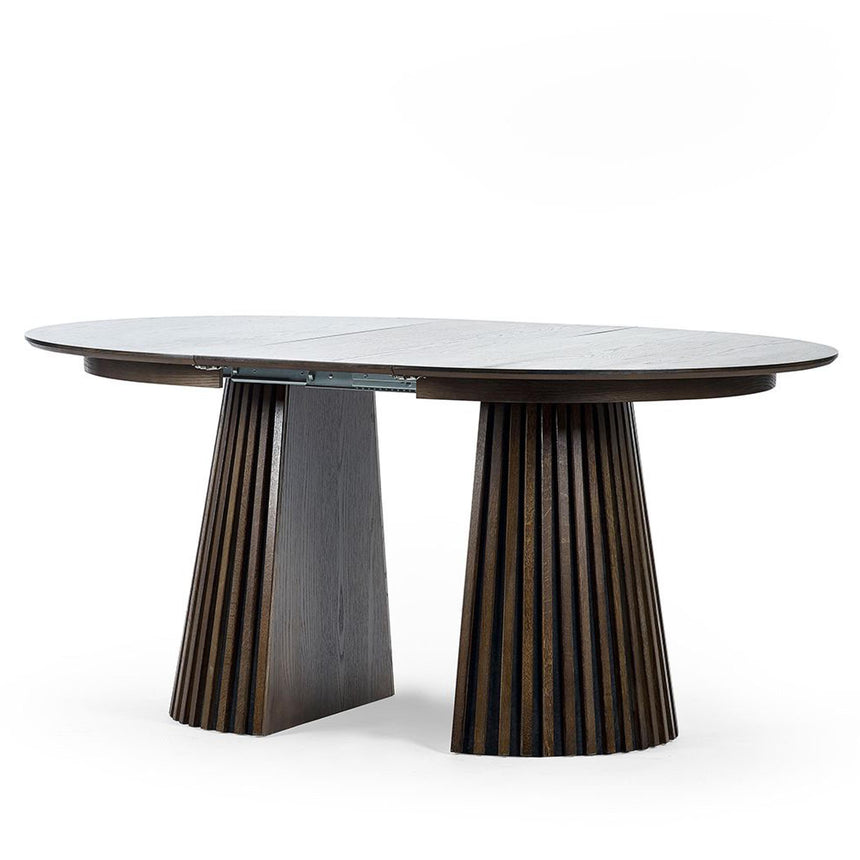 Tambour Dark Oak Slatted 6 Seater Round Pedestal Extending Dining Table-3