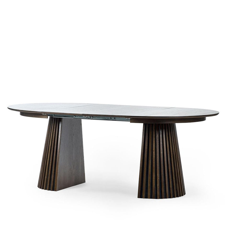 Tambour Dark Oak Slatted 6 Seater Round Pedestal Extending Dining Table-4