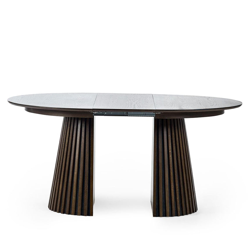 Tambour Dark Oak Slatted 6 Seater Round Pedestal Extending Dining Table-5