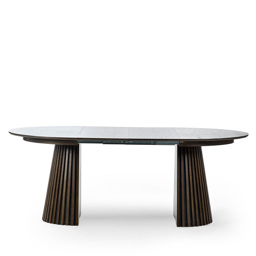 Tambour Dark Oak Slatted 6 Seater Round Pedestal Extending Dining Table-6