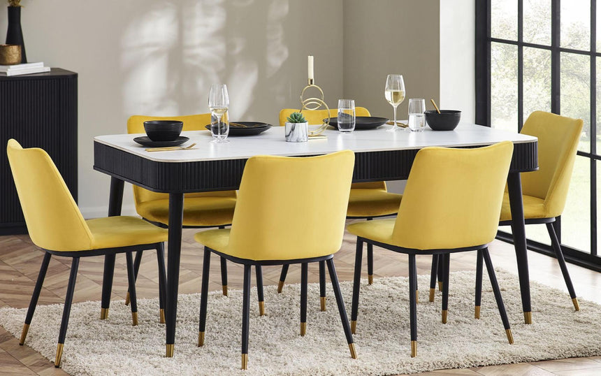 Louis White Ceramic Top 6 Seater Dining Table - Black Fluted Base-6