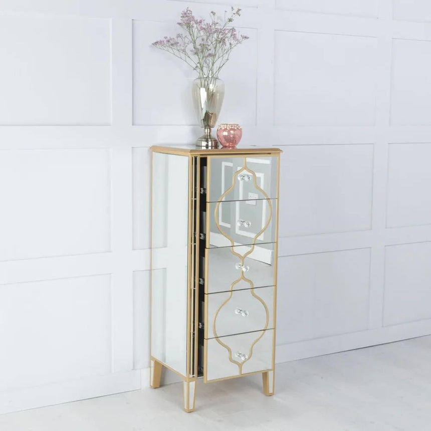 Casablanca Mirrored Gold Trim 5 Drawer Narrow Chest-2